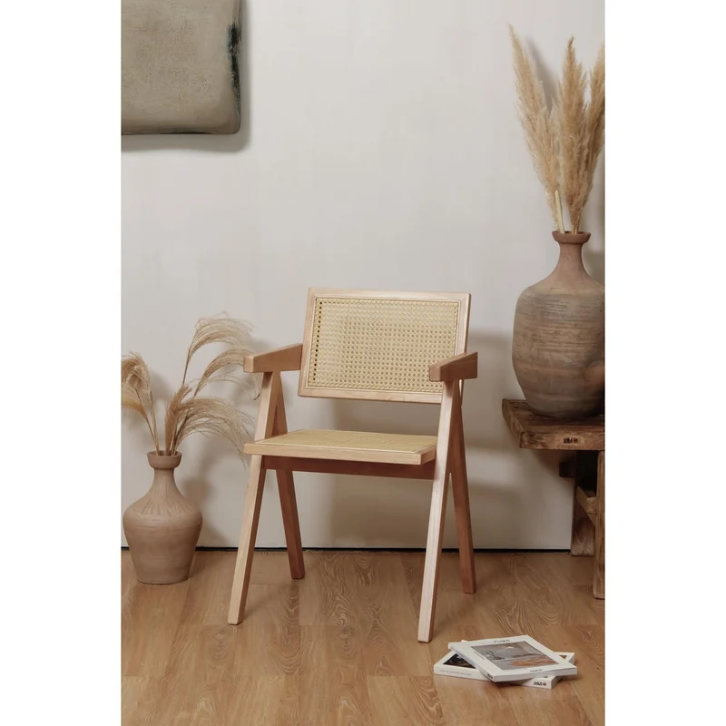 Stuhl im Stil Pierre Jeanneret aus Ulmenholz und Rattan