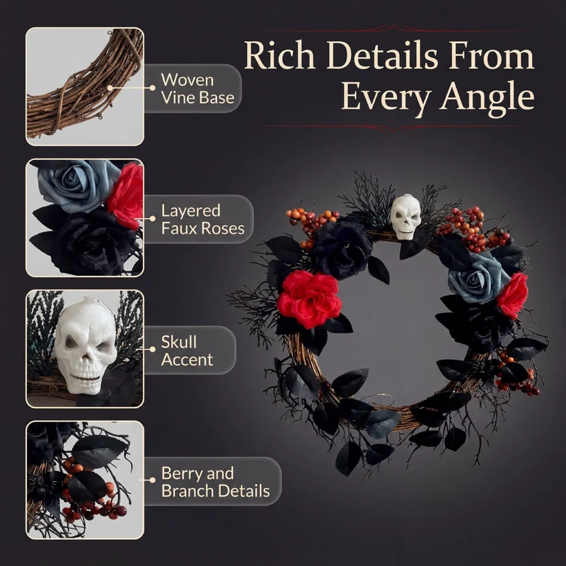 Halloween-Floral-Kranz, 40 cm, künstliche Rosen mit Schädel, Spinnweben-Dekoration für Haustür, Party, Event, Grusel-Deko