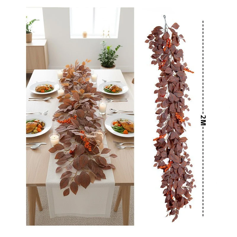 Künstliche Magnolien Girlande 200 cm, realistische Herbstgirlande mit Früchten, naturgetreue Blätterranke für Tischdeko, Hochzeit & ganzjährige Dekoration
