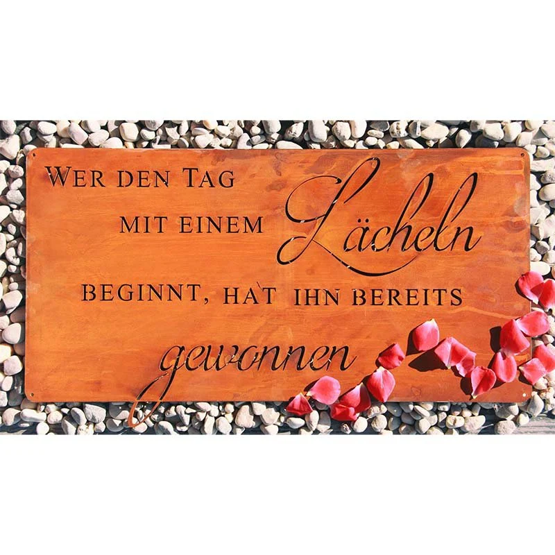 Spruchtafel „Lächeln" aus Edelrost mit einer Lebensweisheit