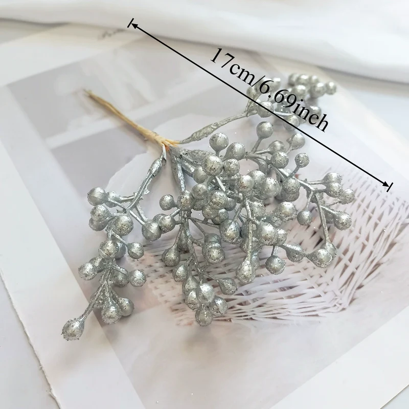 Künstlicher Kiefernzweig Gold 20cm, Deko-Pick mit Perlen, Täuschend Echter Tannenzweig für DIY Gestecke, Weihnachtsdeko & Anstecker