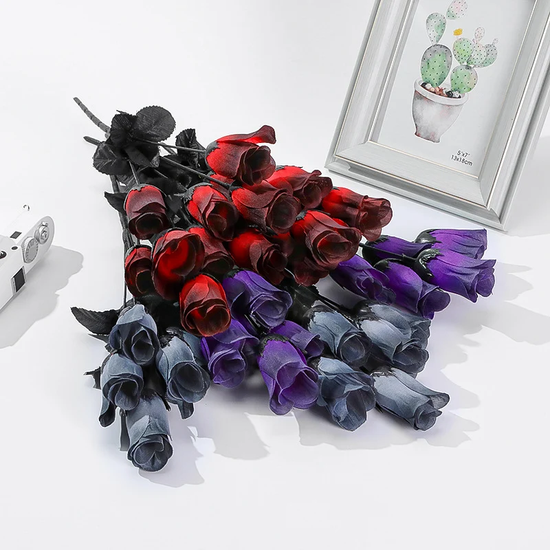 5 Stück künstliche Mini-Rosen, 40 cm lang, Seide, dunkel, Halloween-Dekoration, Goth-Stil, für Hochzeiten, Events, Laden-Deko