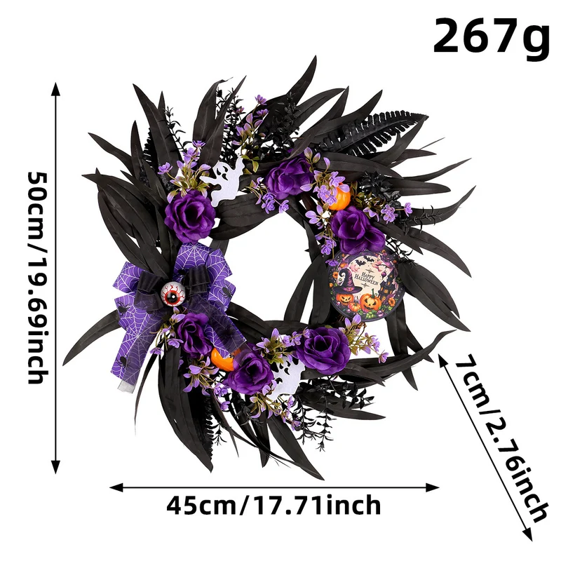Halloween Rosenkranz aus Kunststoff, 50 cm, realistischer Trockenblumenkranz für Grusel-Deko, Türschmuck, Partydekoration, Innen- und Außenbereich
