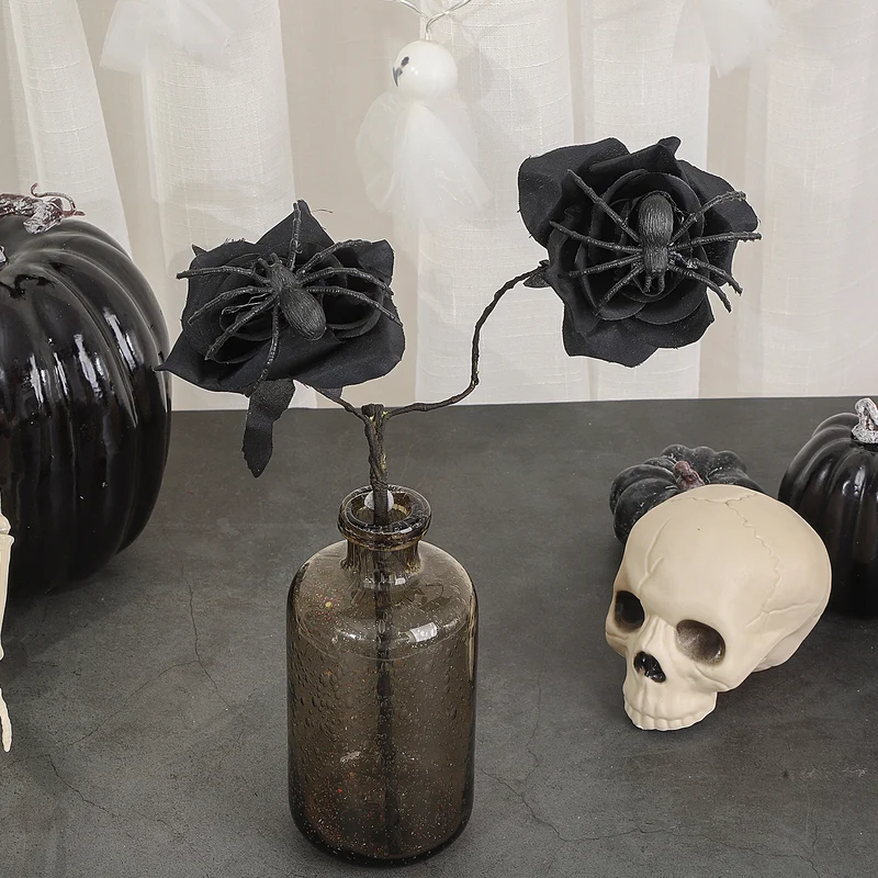 Faux-Rosen mit Spinnen, 38cm, Kunstseide, Gothic Halloween Deko, Hochzeiten, Partys, Innenräume