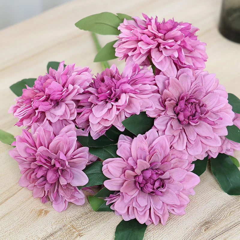 Dahlienbusch künstlich 48 cm, täuschend echte Seiden-Dahlien, 7 Blüten, für Dekoration, Hochzeit, Gastronomie, langlebiger Kunstblumenstrauß