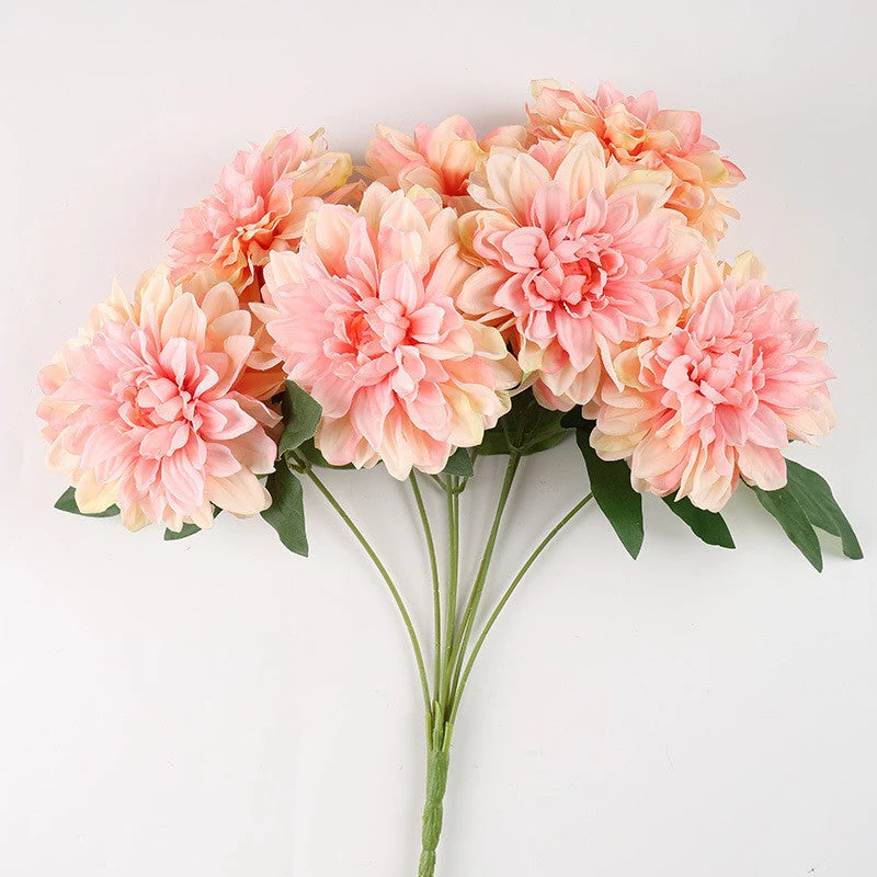 Dahlienbusch künstlich 48 cm, täuschend echte Seiden-Dahlien, 7 Blüten, für Dekoration, Hochzeit, Gastronomie, langlebiger Kunstblumenstrauß
