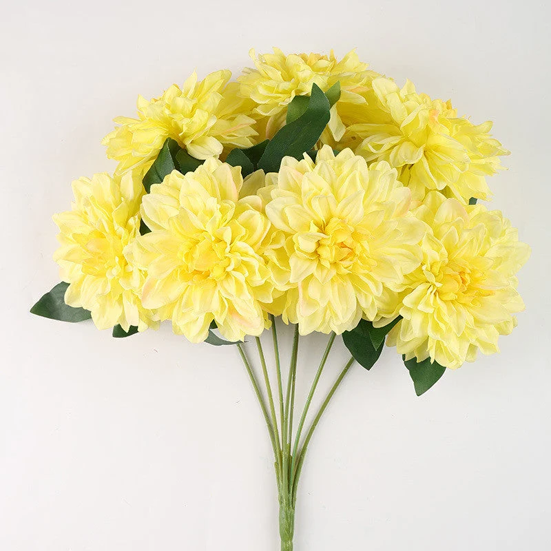 Dahlienbusch künstlich 48 cm, täuschend echte Seiden-Dahlien, 7 Blüten, für Dekoration, Hochzeit, Gastronomie, langlebiger Kunstblumenstrauß