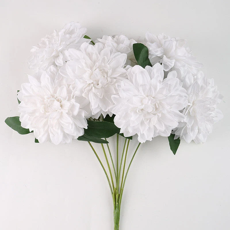 Dahlienbusch künstlich 48 cm, täuschend echte Seiden-Dahlien, 7 Blüten, für Dekoration, Hochzeit, Gastronomie, langlebiger Kunstblumenstrauß