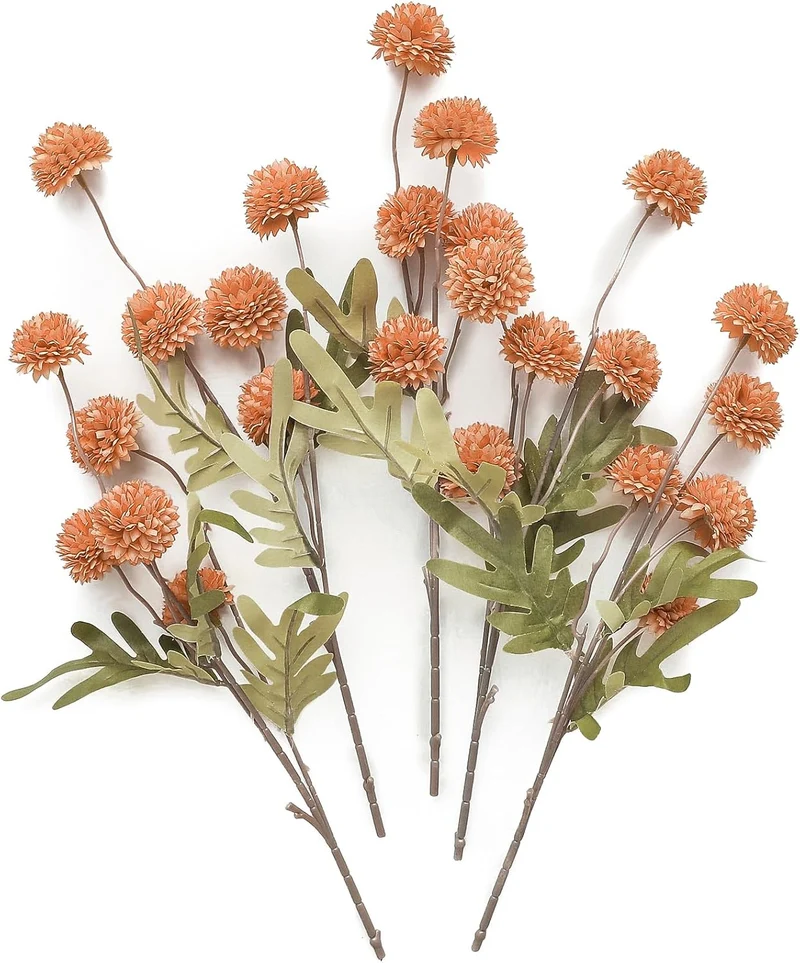 Künstliche Chrysanthemen 5er-Set, 45cm lange Stiele, Naturgetreue Seidenblumen in Beige, Ø 3,3cm Pompon-Blüten, für Vasen, Hochzeitsdeko & Floristikbedarf