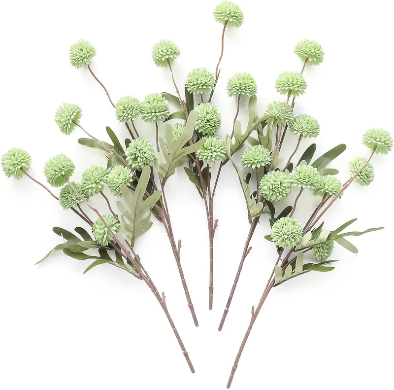 Künstliche Chrysanthemen 5er-Set, 45cm lange Stiele, Naturgetreue Seidenblumen in Beige, Ø 3,3cm Pompon-Blüten, für Vasen, Hochzeitsdeko & Floristikbedarf