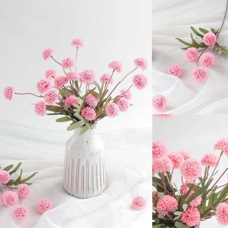 Künstliche Chrysanthemen 5er-Set, 45cm lange Stiele, Naturgetreue Seidenblumen in Beige, Ø 3,3cm Pompon-Blüten, für Vasen, Hochzeitsdeko & Floristikbedarf