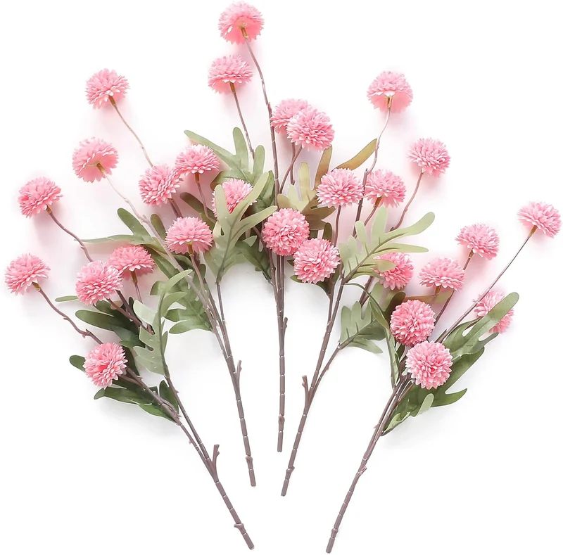 Künstliche Chrysanthemen 5er-Set, 45cm lange Stiele, Naturgetreue Seidenblumen in Beige, Ø 3,3cm Pompon-Blüten, für Vasen, Hochzeitsdeko & Floristikbedarf