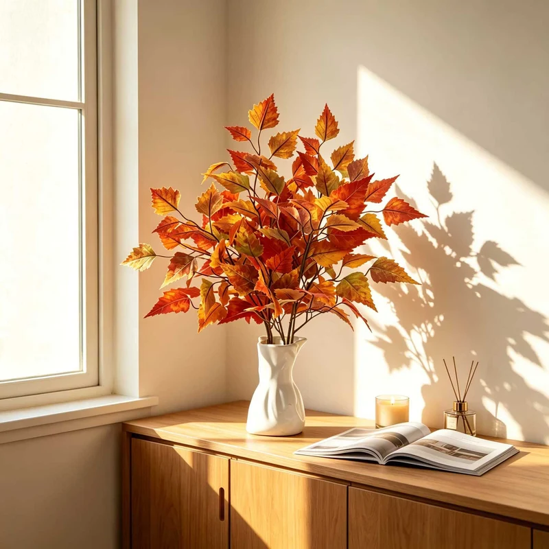 Künstlicher Ahornzweig 56 cm, Naturgetreue Ahornblätter in Herbstfarben, Dekozweig für Vase, Floristik, Hochzeit & Herbstdeko