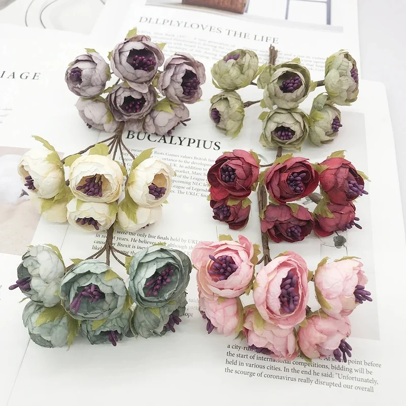 Kleine Kunstblumen 6er-Set (12cm), Realistischer Mini-Strauß für DIY, Basteln, Hochzeit, Gestecke & Kopfschmuck