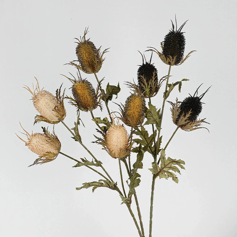 Künstliche Edeldistel 70 cm, 3 Blüten, täuschend echt, Kunstblume für Vase, Deko, Hochzeit, Floristik, langlebiger Distel-Zweig