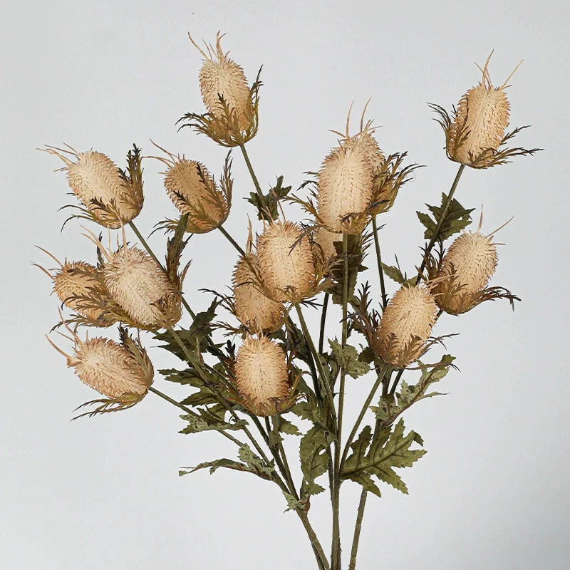 Künstliche Edeldistel 70 cm, 3 Blüten, täuschend echt, Kunstblume für Vase, Deko, Hochzeit, Floristik, langlebiger Distel-Zweig