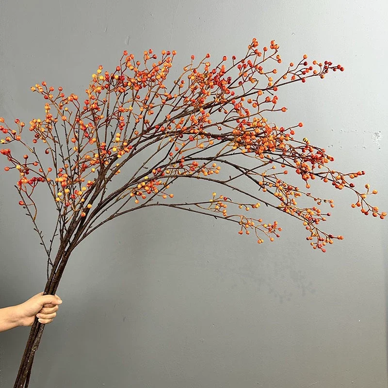 Künstlicher Beerenzweig 115 cm, Täuschend Echter Dekozweig mit Herbstbeeren, Lange Kunstblume für Hohe Vasen, Hochzeit, Floristik & Raumdeko