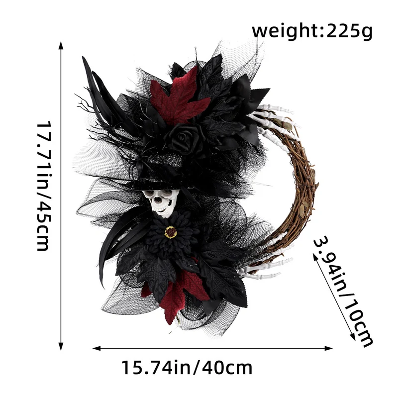 Halloween Dekorationskranz mit Netzstoff, 45 cm rot, 40 cm lila, realistische Skelette für Partys, Hochzeiten, saisonale Deko