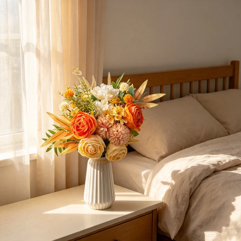 Kunstblumenstrauß Herbst 40cm, Täuschend Echte Pfingstrosen & Chrysanthemen, Hochwertige Seidenblumen für Herbstdeko, Vase, Hochzeit, Gastronomie