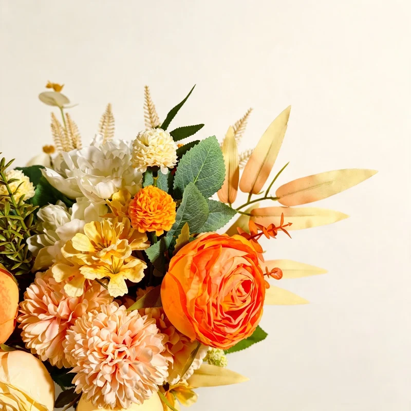 Kunstblumenstrauß Herbst 40cm, Täuschend Echte Pfingstrosen & Chrysanthemen, Hochwertige Seidenblumen für Herbstdeko, Vase, Hochzeit, Gastronomie