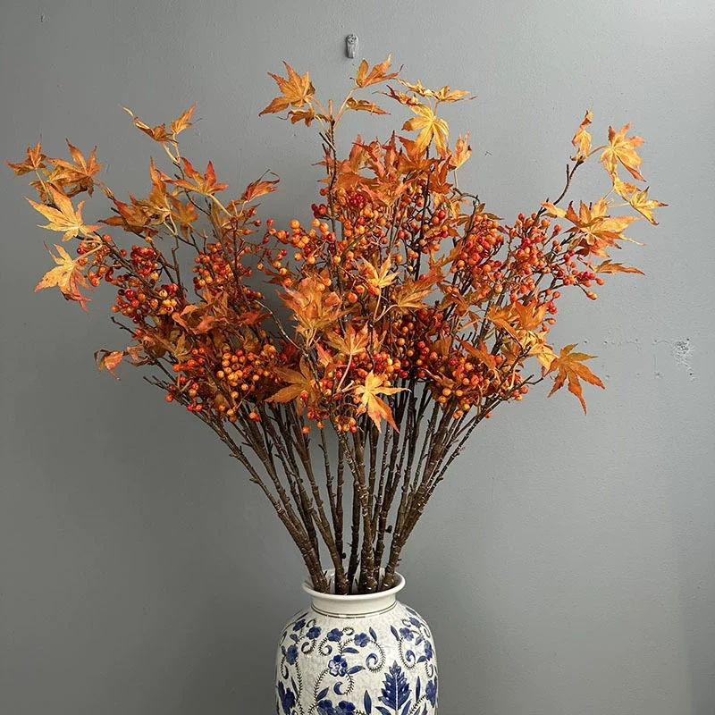 Künstlicher Ahornzweig 100 cm, Herbstzweig mit Beeren, Täuschend Echt, Ideal für Herbstdeko, Vase, Floristik & Hochzeit