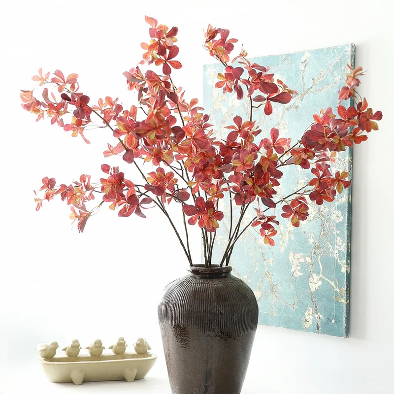 Künstlicher Lavendelheide Zweig 110 cm, Täuschend Echte Pieris Japonica Kunstblume in Rot/Gelb, für Vase, Hochzeit, Wohnkultur, Grabschmuck