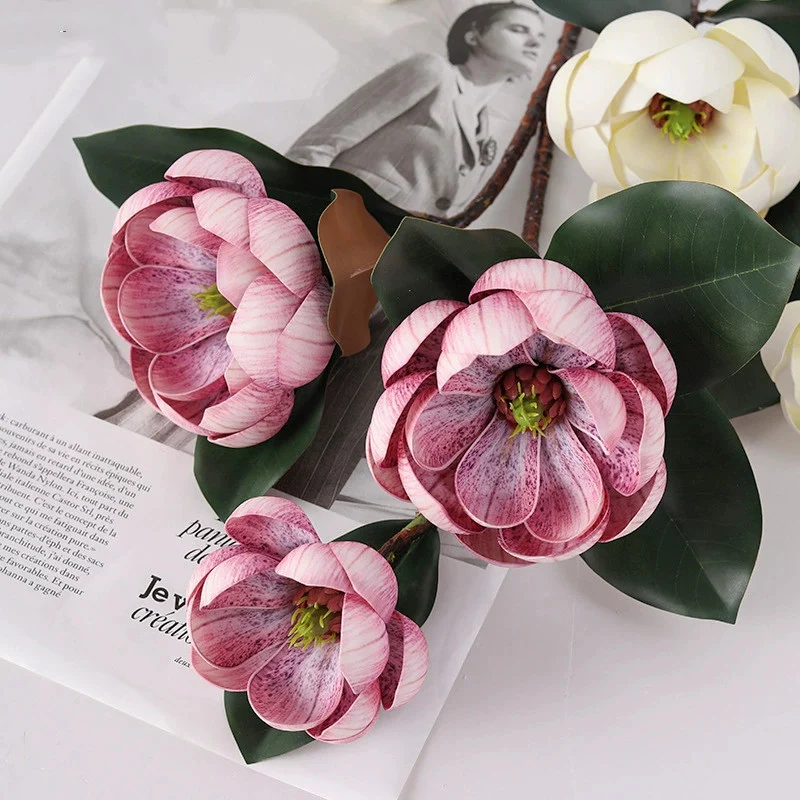 Künstliche Magnolie 70 cm, 3 große Blüten, Realistischer Dekozweig aus EVA-Schaum für Vase, Hochzeit & Gastronomie, in 5 Farben