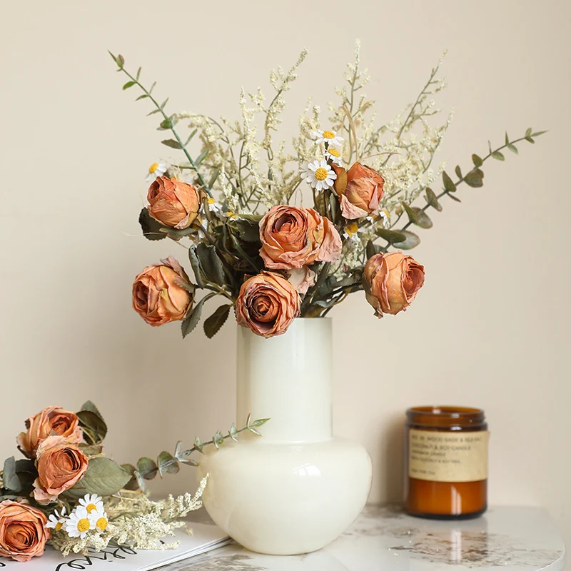 Kunstblumen Strauß Herbst, 36 cm, Rose mit gebrannter Optik & Chrysantheme, Realistische Seidenblumen für Vase, Tischdeko, Hochzeit, Vintage Deko