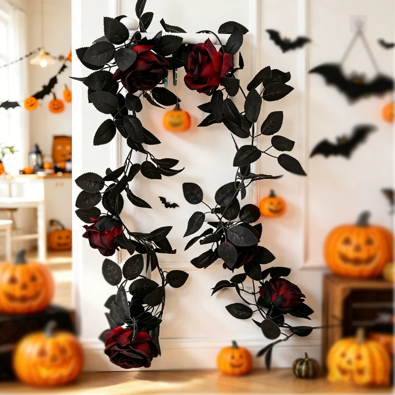 Schwarze Rosengirlande 200 cm, realistische Kunstblumen Ranke für Halloween & Gothic Hochzeit, Tür- & Tischdeko, Schwarz