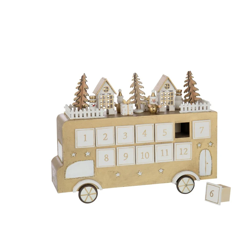 Adventskalender-Bus aus Sperrholz, Gold/Weiß