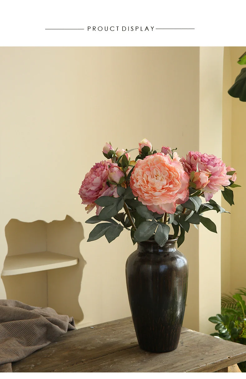 Künstliche Pfingstrose Groß 55 cm, Real-Touch Kunstblume mit geflammtem Rand, Vintage Deko für Vase, Hochzeit, Tischdeko, Floristik