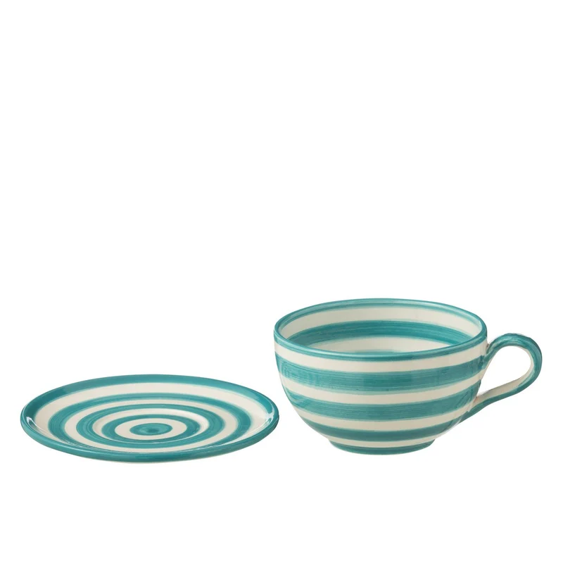 Tasse mit Teller Granada Stripes in Weiß-Aqua