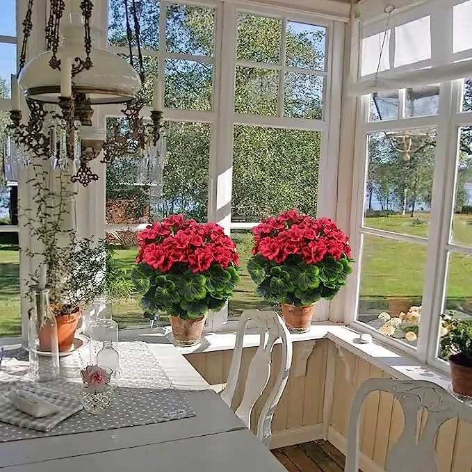 Künstlicher Geranienbusch 42 cm, UV-beständige Geranie täuschend echt, Kunstblume für Balkon, Garten, Grabschmuck & ganzjährige Deko