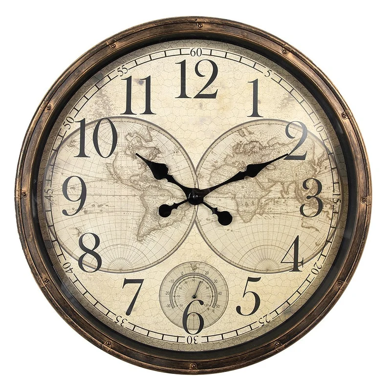 Wanduhr im Landhausstil mit Weltkarten-Zifferblatt, Braun-Beige