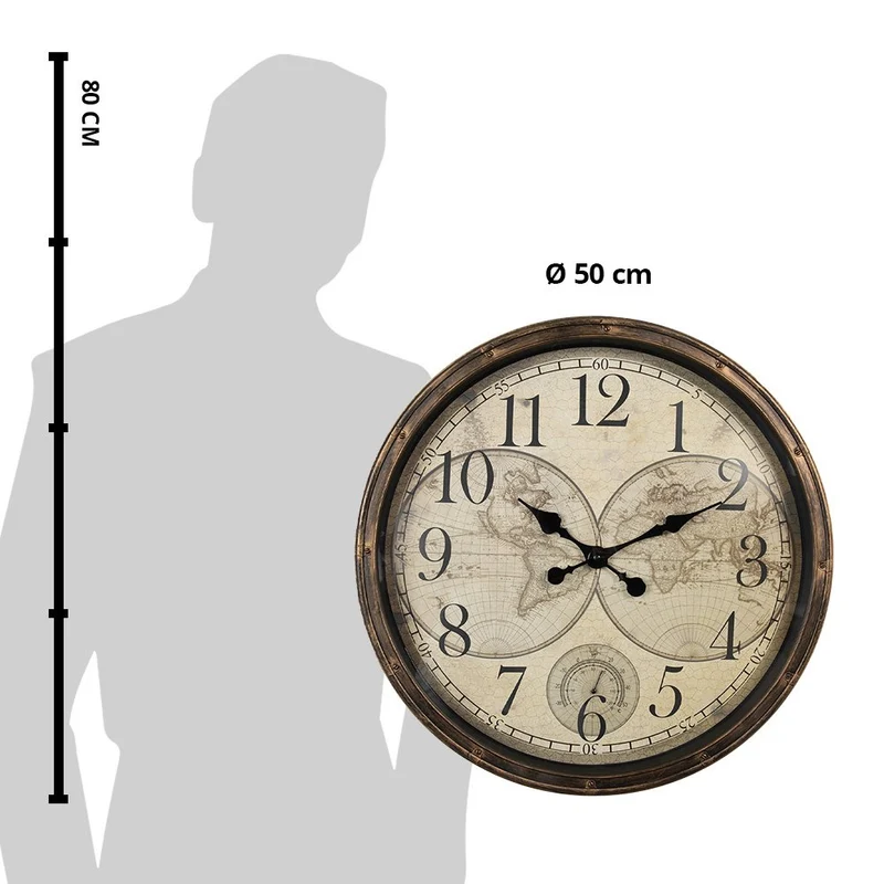 Wanduhr im Landhausstil mit Weltkarten-Zifferblatt, Braun-Beige