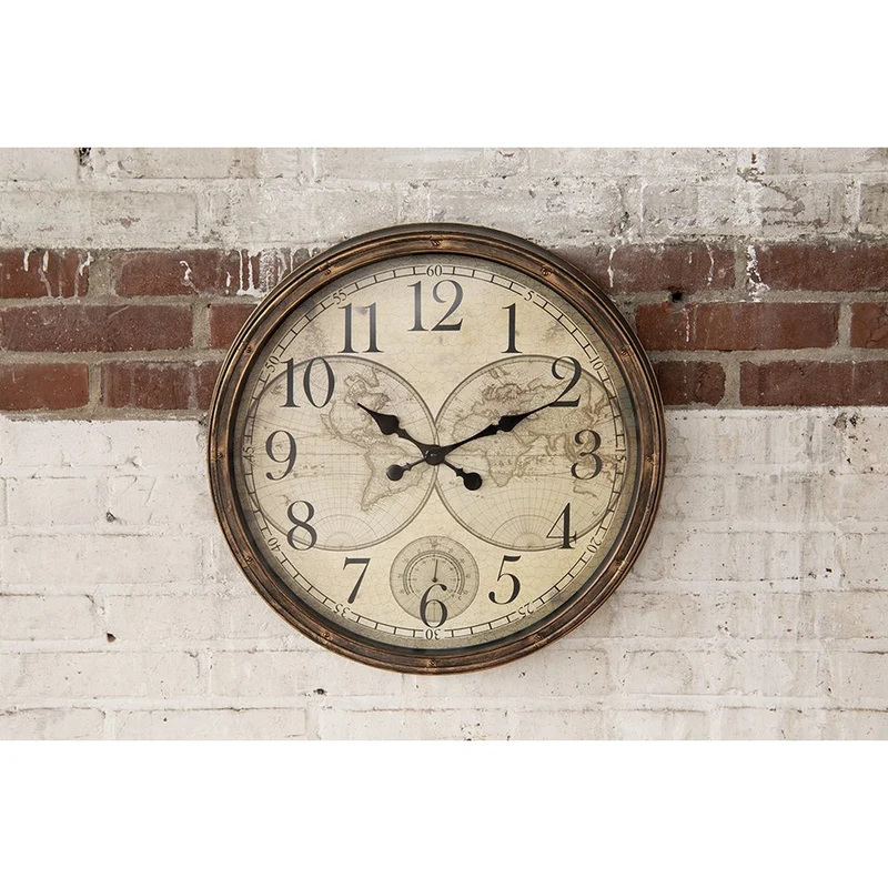 Wanduhr im Landhausstil mit Weltkarten-Zifferblatt, Braun-Beige