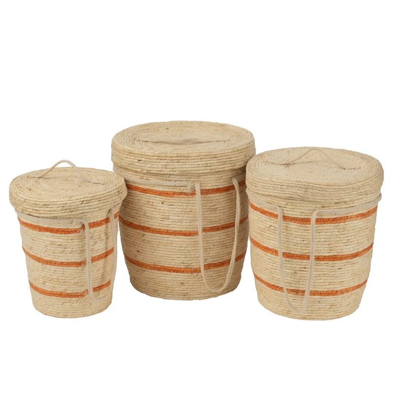 Dreiteiliges Korbset mit Deckel in Natur-Orange