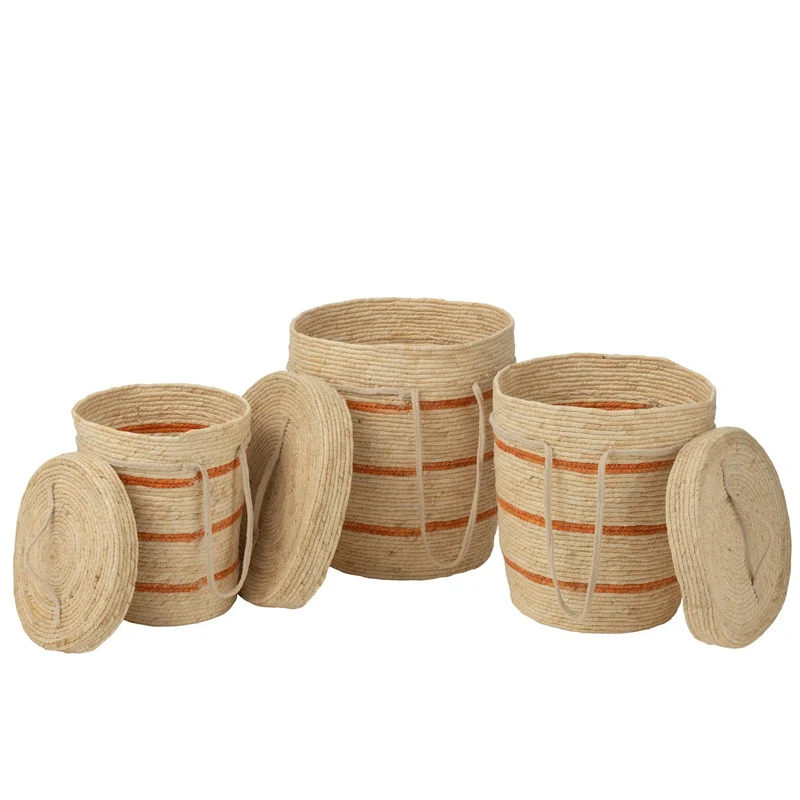 Dreiteiliges Korbset mit Deckel in Natur-Orange