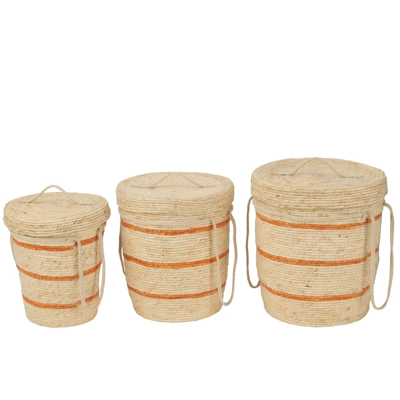 Dreiteiliges Korbset mit Deckel in Natur-Orange