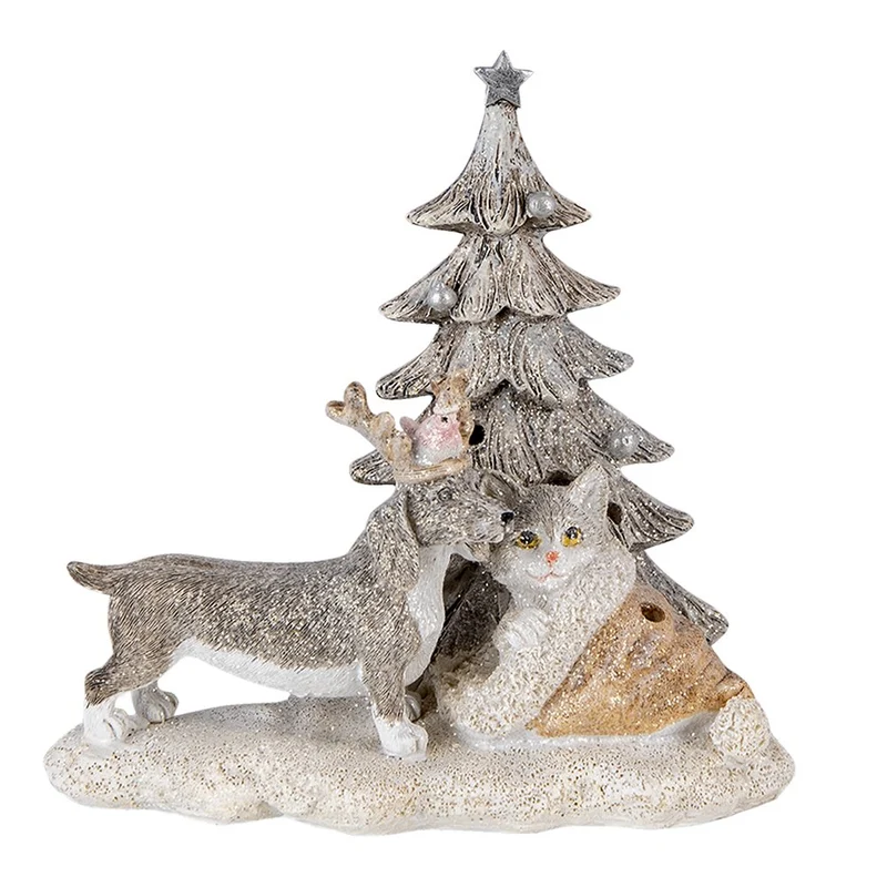 Dekorationsstatue Katze und Hund Grau, Beige, Weiß 16x10x15 cm LED