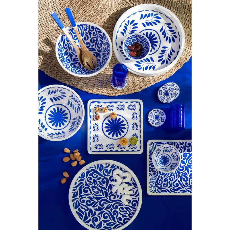 Salatschüssel Blumen Mangoholz Blau/Weiß
