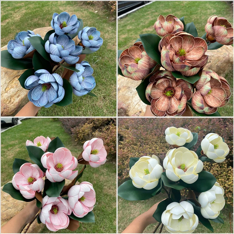 Faux Magnolienblüten, 70 cm, Real-Touch PU, 4 Farben – ideal für Hochzeiten, Wohnräume & Cafés