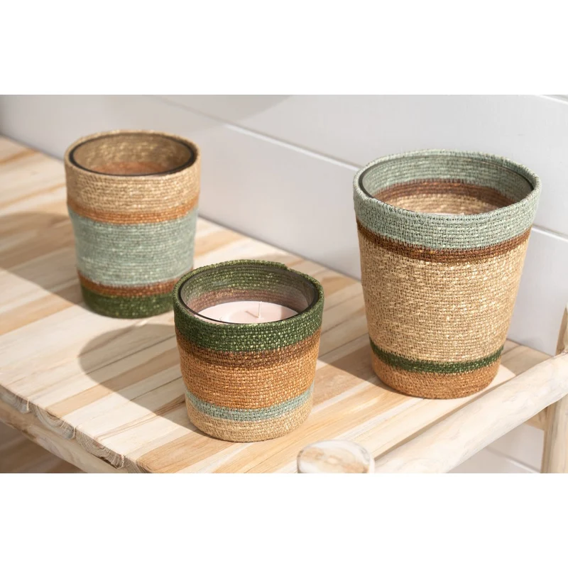 Duftkerze im Korb, Beige-Blau – 55 Stunden Brenndauer