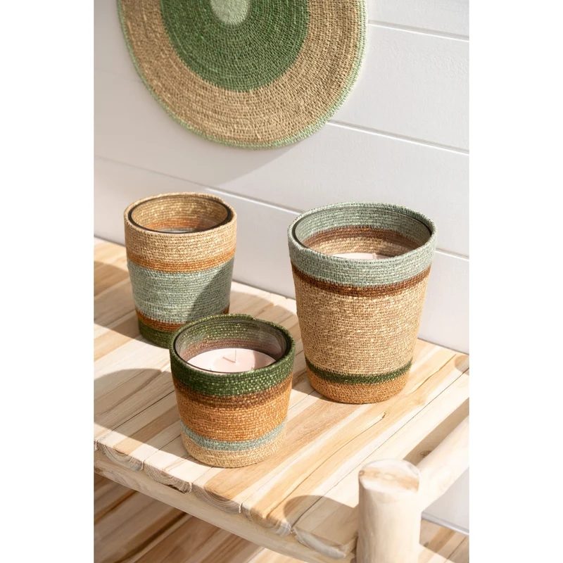 Duftkerze im Korb, Beige-Blau – 55 Stunden Brenndauer