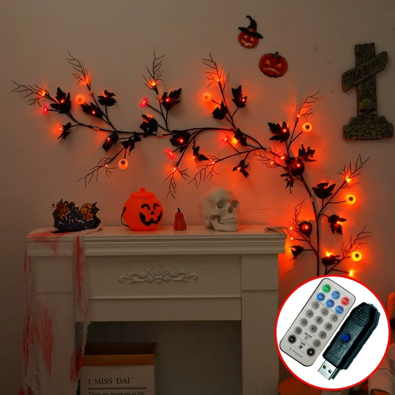 LED Halloween Dekolicht 200cm, realistische Kletterpflanze mit Spinnen und Fledermäusen, USB mit Fernbedienung, perfekt für Hochzeiten, Cafés, Dekorationen