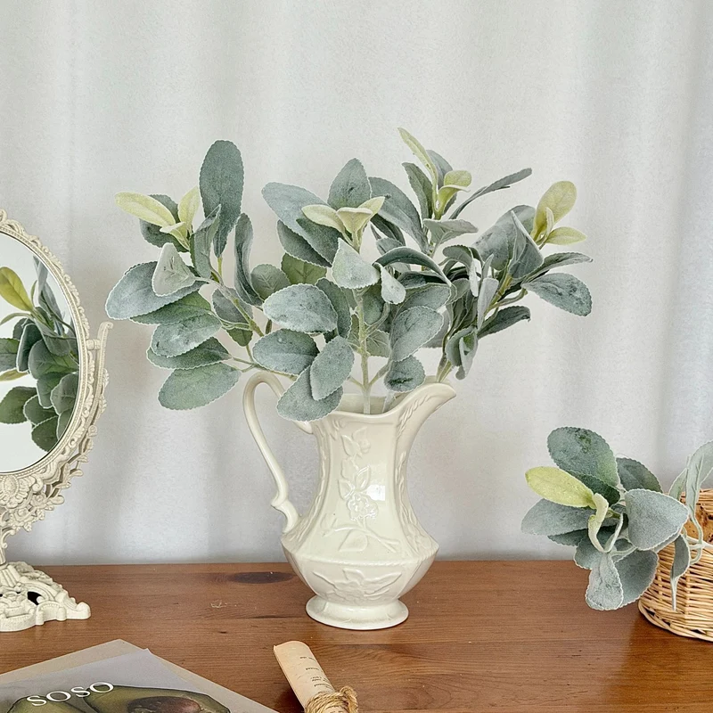 Woll-Ziest Kunstpflanze 37 cm, Beflockter Deko-Zweig, Täuschend Echter Hasenohr-Stiel für Vase, Hochzeit & Skandi Deko, Realistisch & Pflegefrei