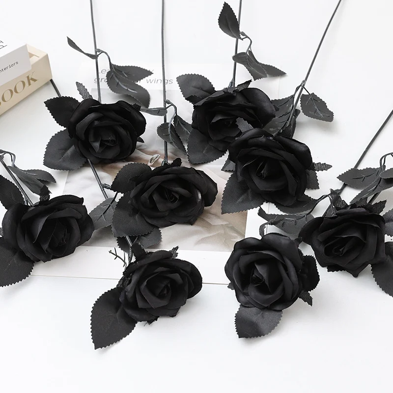 5x Schwarze Rosen künstlich 39cm, Realistische Kunstblumen im Gothic-Stil, Dekoration für Halloween, Hochzeit, Vase, Langlebige Stielblumen