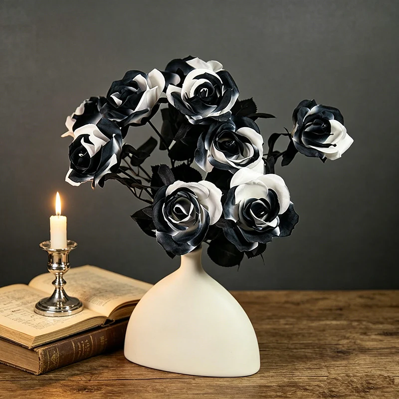 Künstliche schwarze und weiße Rosen, 37 cm, realistische Blumen, Deko für Hochzeiten, Veranstaltungen und Innenräume, 5er Set