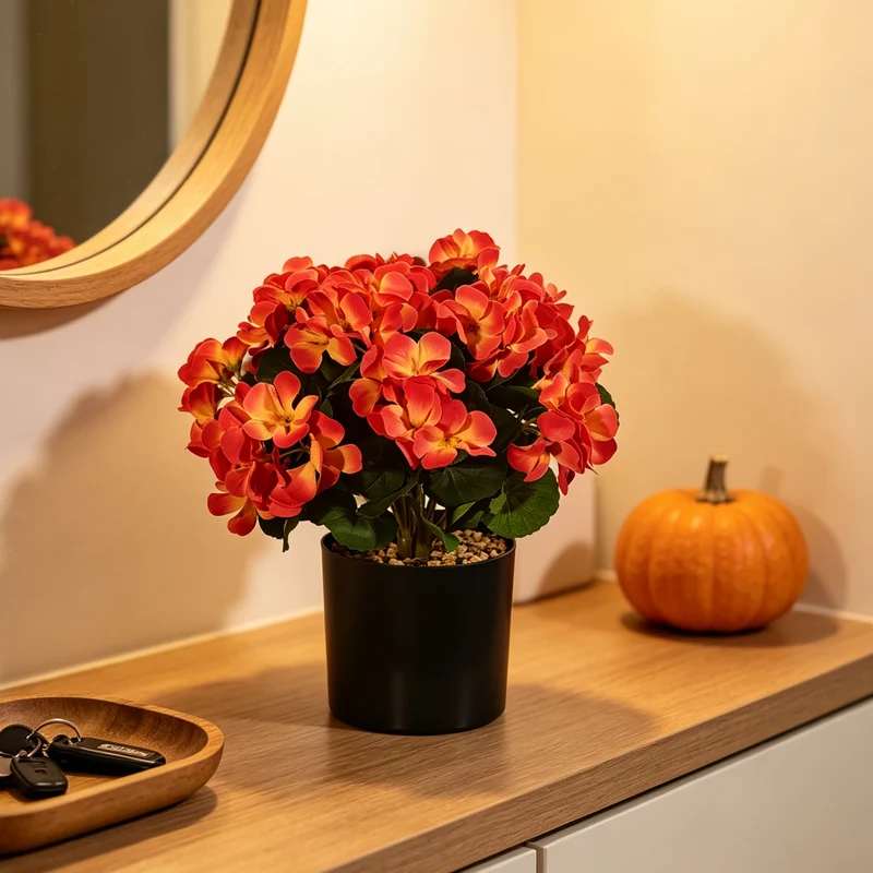 30cm Künstliche Geranie im Topf – Sonnenuntergang-Farben, Herbstdeko für Tisch, Kaminsims & Balkon