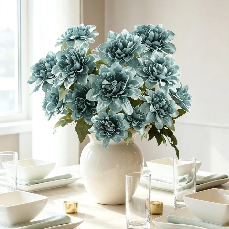 Dahlien Kunstblume 57cm, 3 Blütenköpfe (8,5cm), hochwertiger Seidenblumen-Stiel, täuschend echt für Vase, Hochzeit, Gestecke, Deko